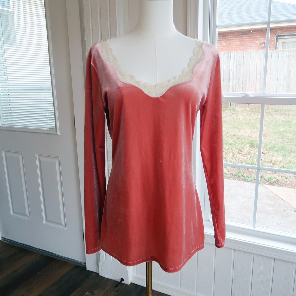 Soft Surroundings Womens Velvet Lace Trim Top M Y2K Coral Romantic Coquette Boho